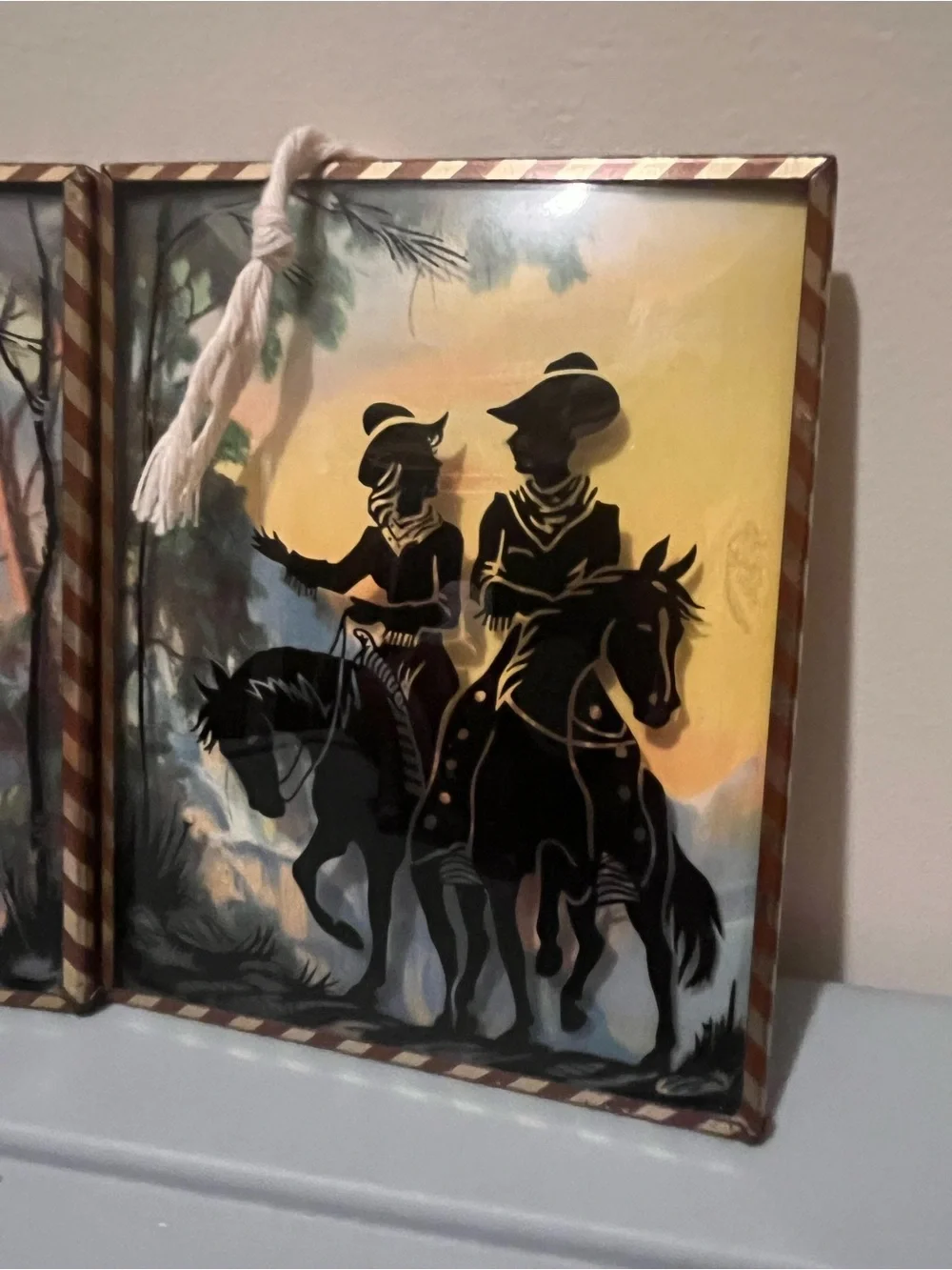 Set of 2 Vintage Hanging Picture Frames Western Cowboy Silhouette 4x5 Portrait